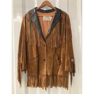Lariat Leather Coat Fringed Beaded Southwest Suede USA Made Size Large Vintage
